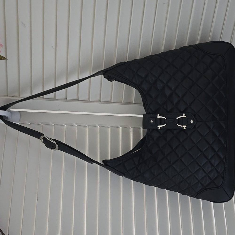 Talbots Black Quilted Leather Shoulder Bag with Interior Logo Tag